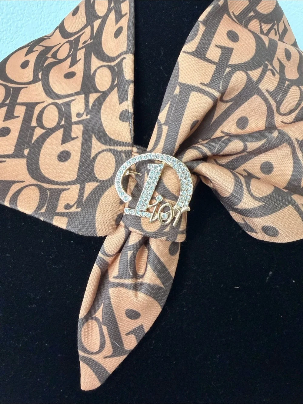 Nice Monogram Silk Scarf with Logo Pin - Brown